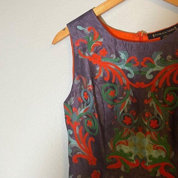 Pankaj and Nindhi Octave Dress Embroidered Orange Purple Lined A-Line Dress 4 - Picture 5 of 11